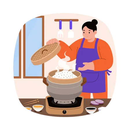 밥솥으로 밥을 짓는 소녀  일러스트레이션