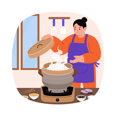 Girl cooking rice in cooker  Illustration
