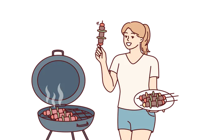 Girl cooking tasty BBQ stew in BBQ grill  Illustration