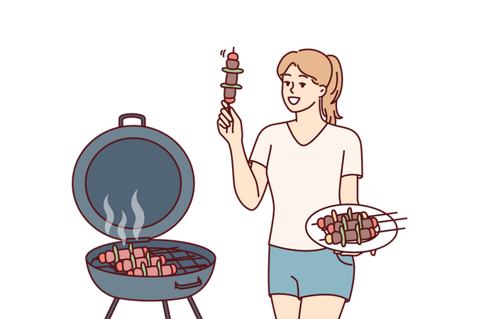 Girl cooking tasty BBQ stew in BBQ grill  Illustration