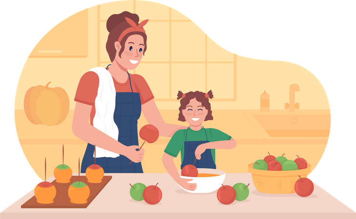 Girl cooking with child Illustration