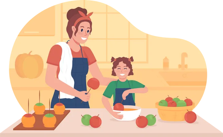 Girl cooking with child Illustration