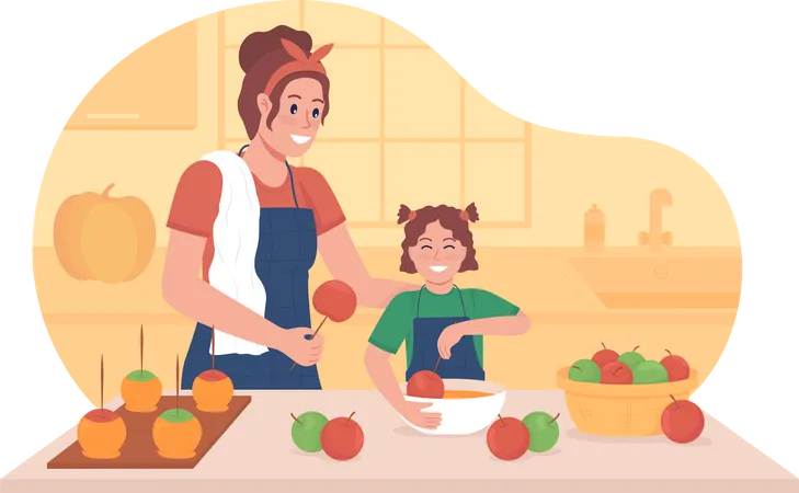 Girl cooking with child  Illustration