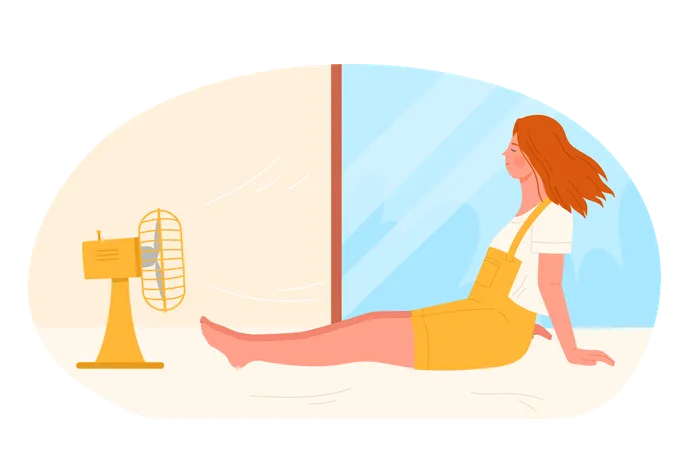 Girl cooling at electric ventilator blowing  Illustration