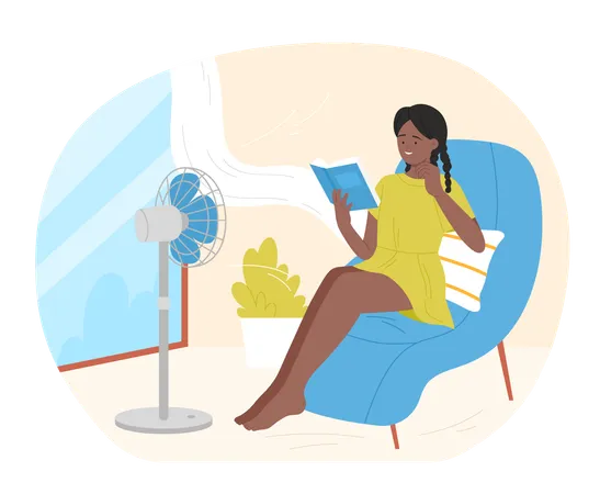 Cartoon Isolated Hot Summer Scene With Woman Happy Dark Skin Girl Icooling At Electric Ventilator Blowing Sitting At Home Reading Book And Relaxing Vector Illustration Illustration