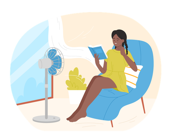 Girl cooling at electric ventilator blowing  Illustration