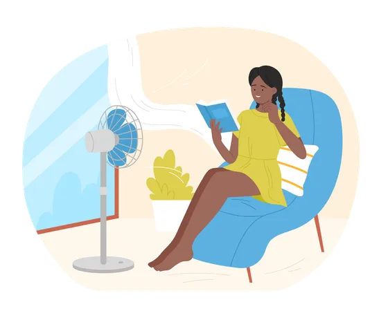 Girl cooling at electric ventilator blowing  Illustration