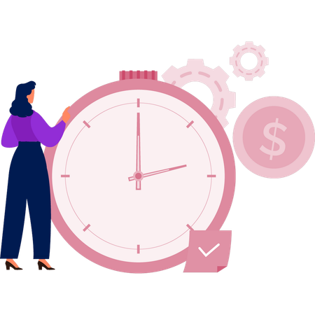 Girl correcting clock's time  Illustration