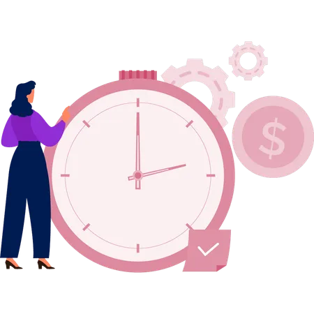 Girl correcting clock's time  Illustration