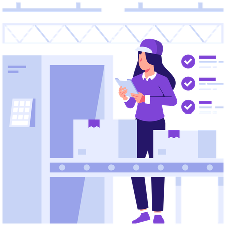 Girl counting parcel in conveyor belt  Illustration