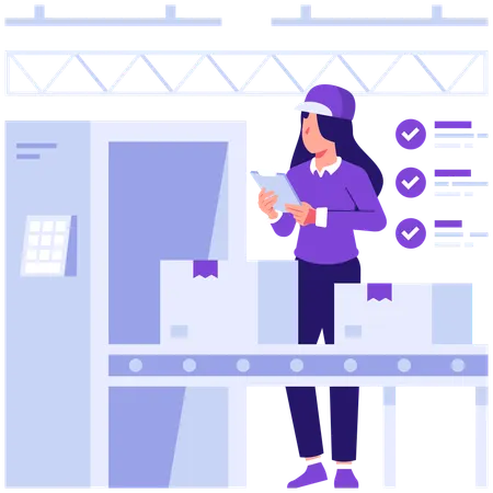 Girl counting parcel in conveyor belt  Illustration