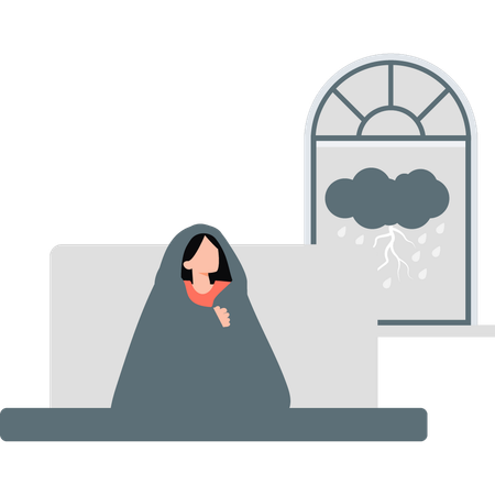 Girl covered herself in blanket in rainy season  Illustration