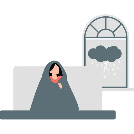 Girl covered herself in blanket in rainy season  Illustration