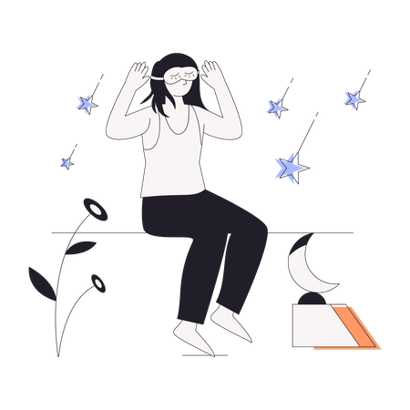 Girl covering eyes with sleeping mask for good sleep  Illustration