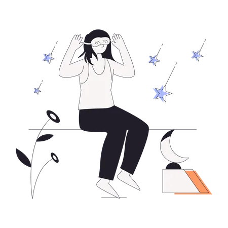 Girl covering eyes with sleeping mask for good sleep  Illustration