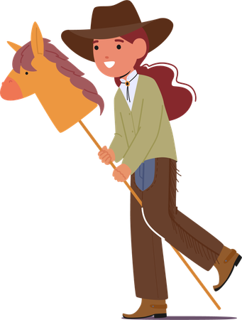 Girl Cowboy Clad In  Rustic Ensemble riding her Trusty Wooden Horse  Illustration