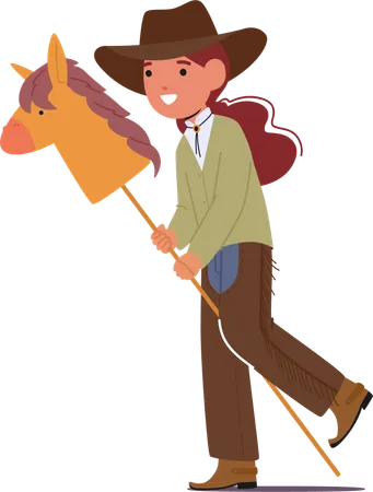 Kid Girl Cowboy Character Clad In A Rustic Ensemble Gleefully Rides Her Trusty Wooden Horse Embodying The Spirit Of The Wild West With Grin As Wide As The Prairie Cartoon People Vector Illustration Illustration