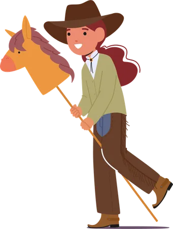 Girl Cowboy Clad In  Rustic Ensemble riding her Trusty Wooden Horse  Illustration