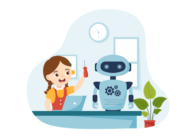 Girl Creating Ai Cyborg Using Different Tools  Illustration