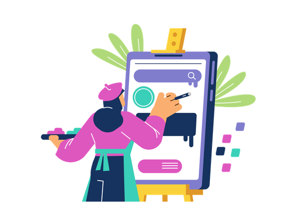 Girl creating app interface design as artist  Illustration