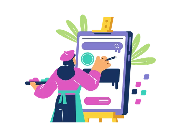 Girl creating app interface design as artist  Illustration