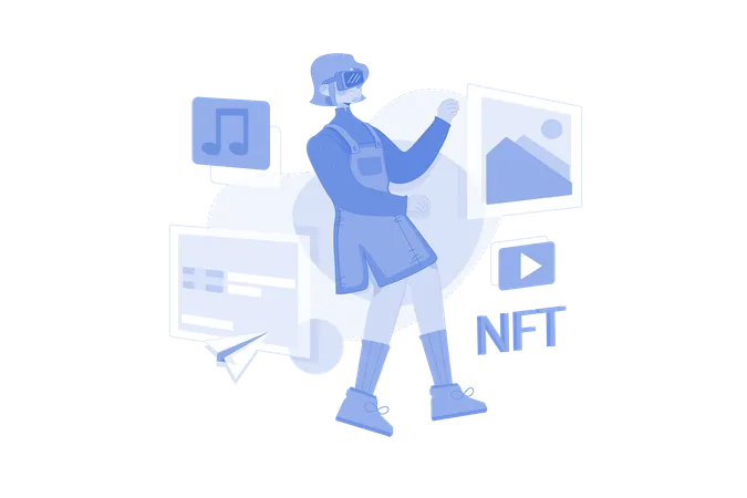 Girl creating NFT art using virtual technology  Illustration