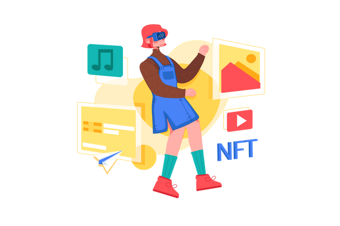 Girl creating NFT art using virtual technology Illustration