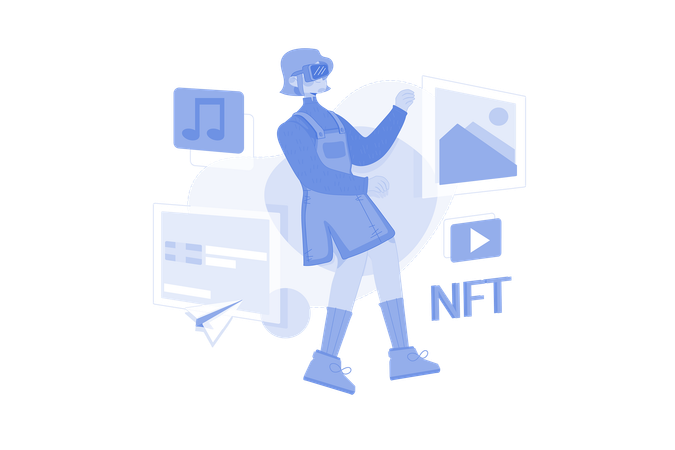 Girl creating NFT art using virtual technology  Illustration