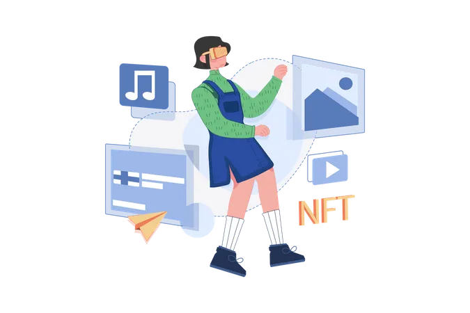 Girl creating NFT art using virtual technology  Illustration