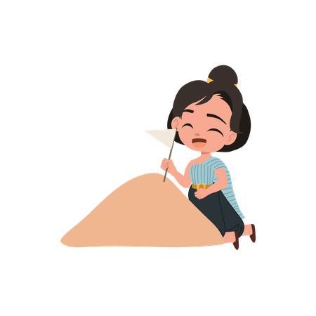 Girl creating sand pagoda  Illustration