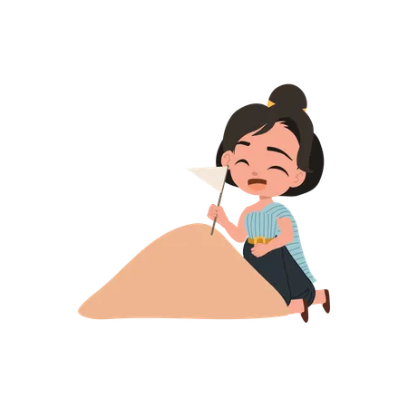 Girl creating sand pagoda  Illustration