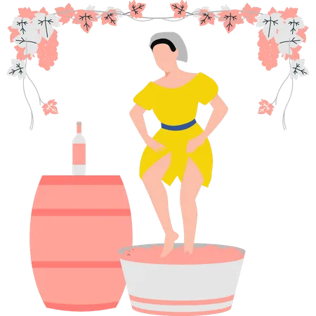The Girl Is Crushing Grapes To Make Wine Illustration