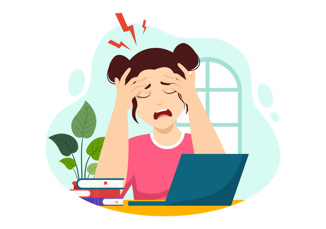 Girl crying and having Migraine pain  Illustration