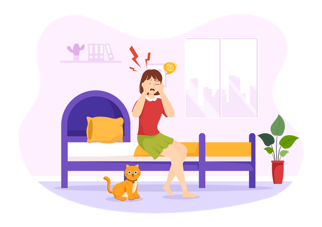 Girl crying on bed and suffering Migraine  Illustration