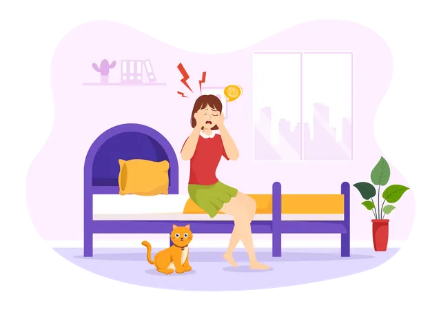 Girl crying on bed and suffering Migraine  Illustration