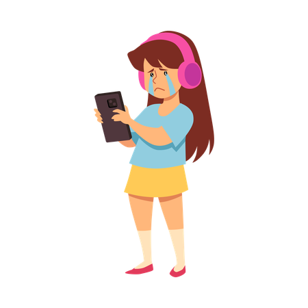 Girl crying while using phone  Illustration