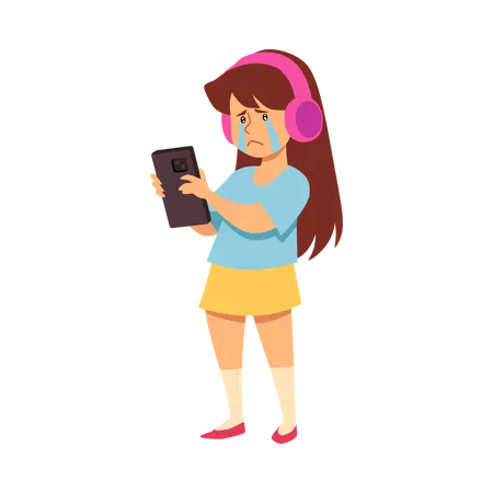 Girl crying while using phone  Illustration