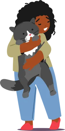 Child Character Happily Cuddling Beloved Cat Experiencing Joy And Comfort Of Pet Ownership The Bond Between The Kid And Feline Companion Is Evident Through Their Smiles And Affectionate Gestures Illustration