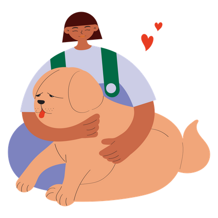 Girl cuddling dog  イラスト
