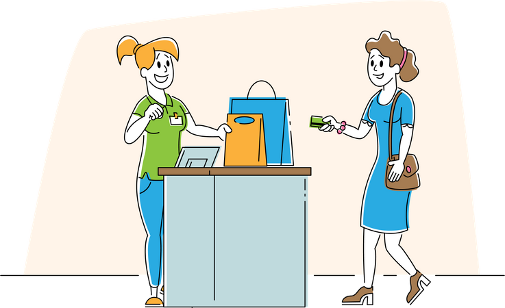 Girl Customer with Goods in Paper Bags Stand at Cashier Desk Paying for Purchases by Credit Cards Illustration