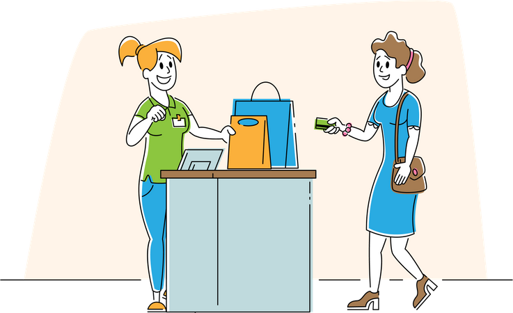 Girl Customer with Goods in Paper Bags Stand at Cashier Desk Paying for Purchases by Credit Cards  Illustration