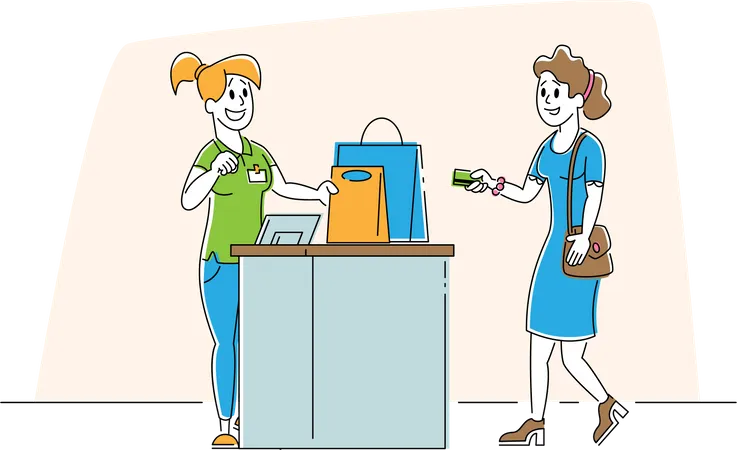 Girl Customer with Goods in Paper Bags Stand at Cashier Desk Paying for Purchases by Credit Cards  Illustration