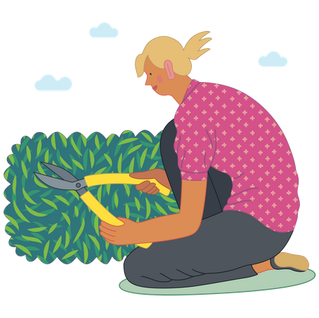 Girl cutting a bush with hedge clippers  Illustration