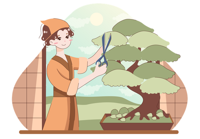 Girl cutting bonsai tree  Illustration