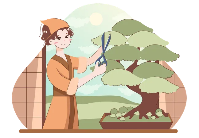 Girl cutting bonsai tree  イラスト