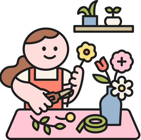 Girl cutting flower while decorating flower pot  Illustration