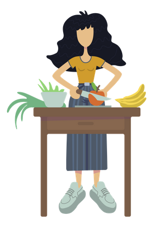 Girl cutting fruits for diet meal  Illustration