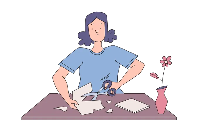 Girl cutting paper and making craft  Illustration