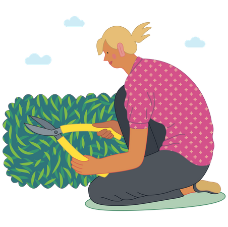 Girl cutting a bush with hedge clippers Illustration