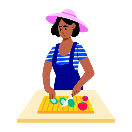 Girl cutting veggies on chopping board  Illustration